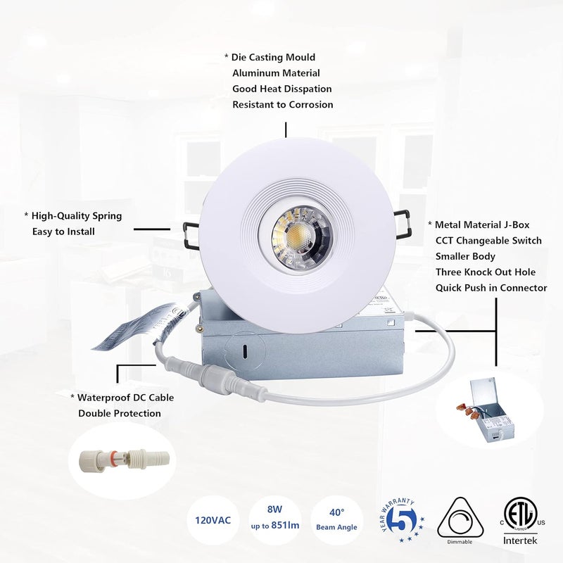 POPANU Premium Canless Recessed Gimbal Downlight Rotatable-Spotlight 5 CCT 4 Inch Eyeball Ceilling Potlight, Dimmable Lights Fixture with Junction Box, 8W, White Round Trim, with Baffle, 6P - Image 4